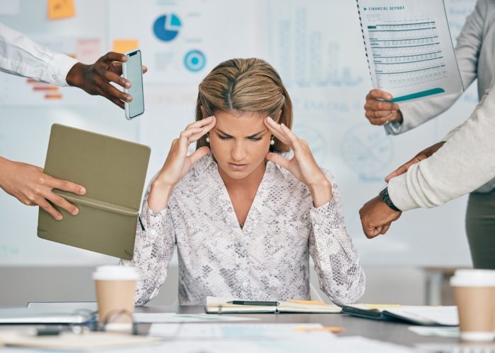 woman-headache-office-with-stress-multitasking-deadline-tired-project-management-target-corporate-executive-documents-email-schedule-anxiety-burnout-mental-health-by-desk